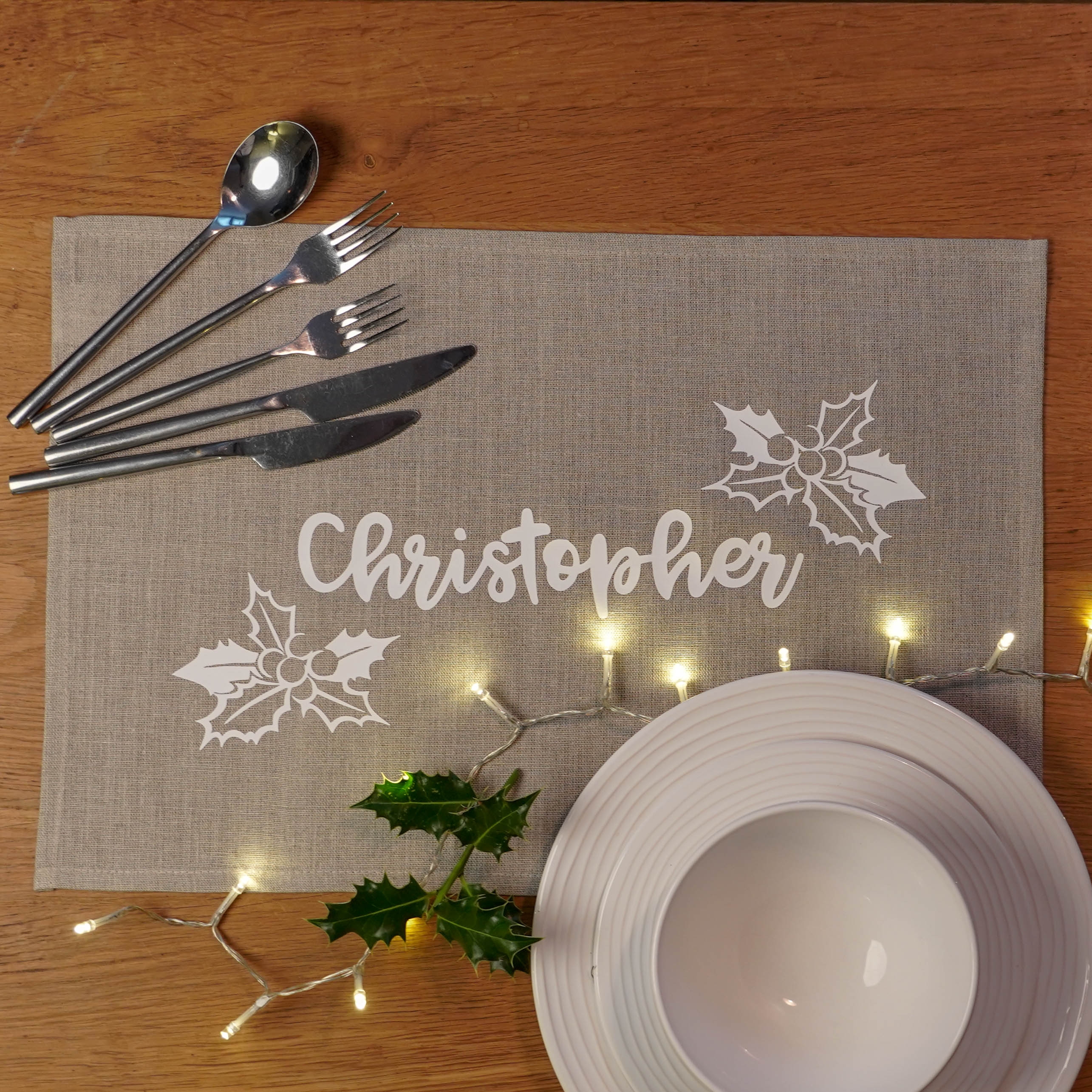 Personalised Linen Christmas Holly Placemat Giveagift