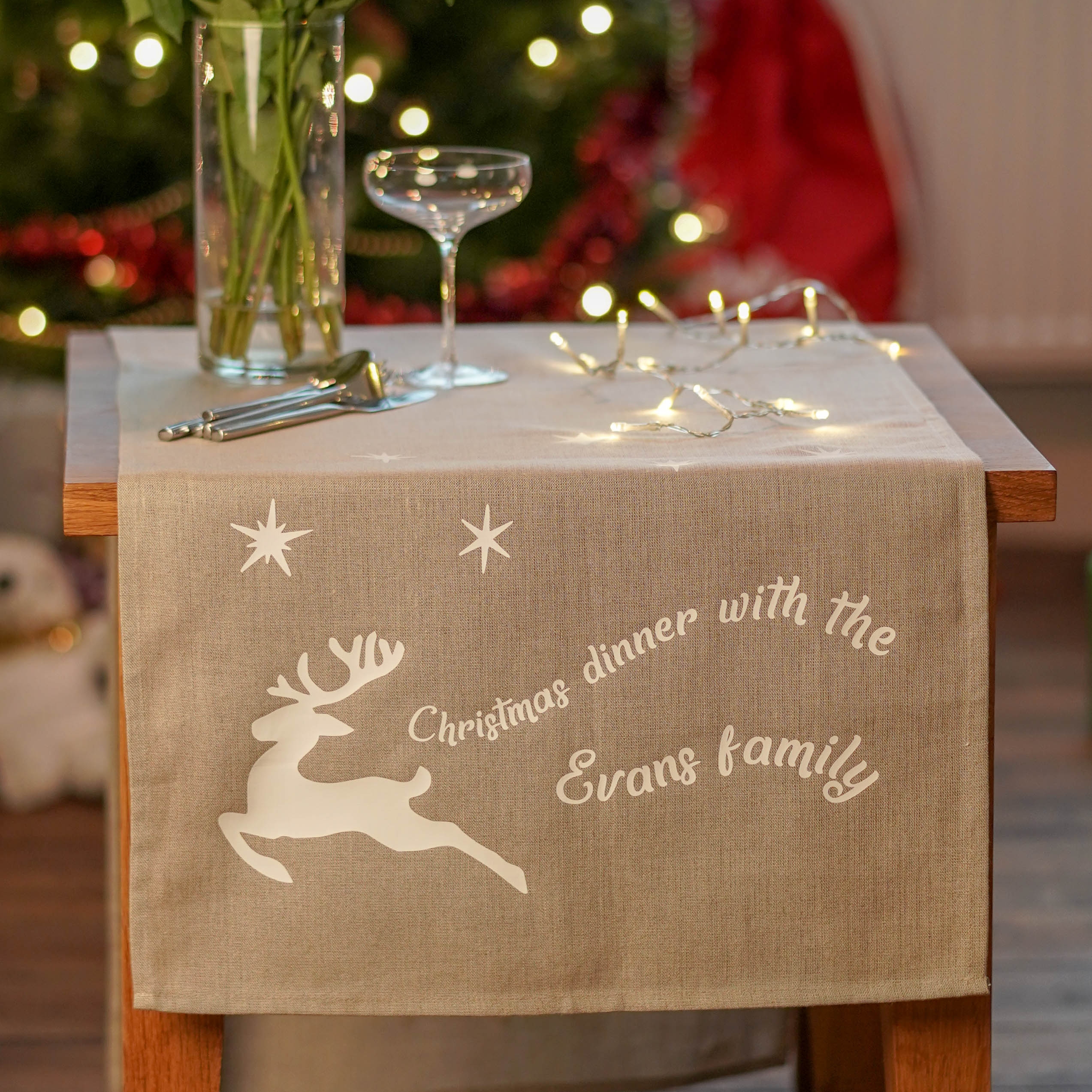 Personalised Linen Christmas Reindeer Table Runner Giveagift